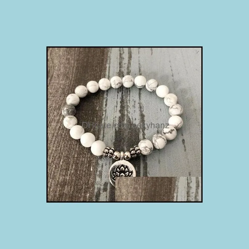 Tennis Men Women Mala OM Bracelets Lotus Buddha Yoga Charm Wrist Howlite Beaded Boho White Jewelry