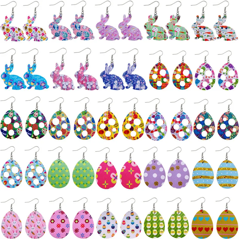 Osterohrringe aus PU-Leder, baumelnde Ohrringe in Osterei-Kaninchenform, bunter doppelseitiger Druck für Mädchen und Frauen