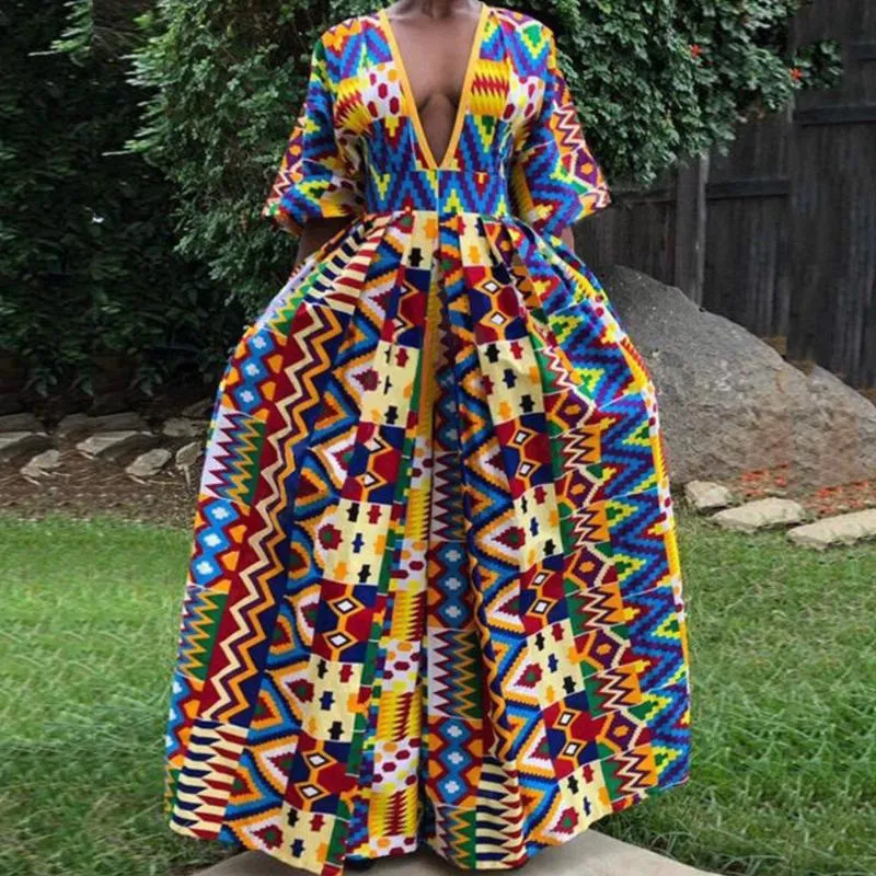 Dorywczo Dresses 2021 Jesień Zimowa Sukienka Afryki Moda Design Drukowanie Wysokiej Talii Głębokie Dekolt Temperament Sexy 7 Rękawy Kobiety
