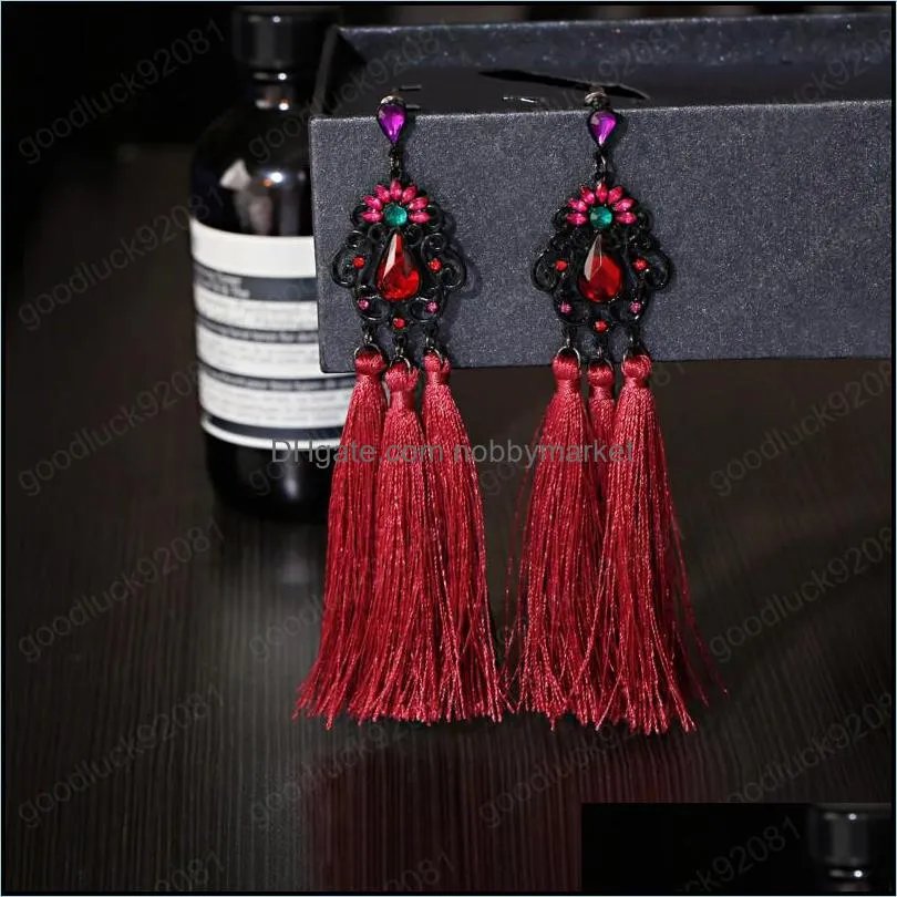 2021 Vintage Women`s Red Tassel Fringed Long Earring Summer Ethnic Crystal Dangle Earrings Fashion Jewelry