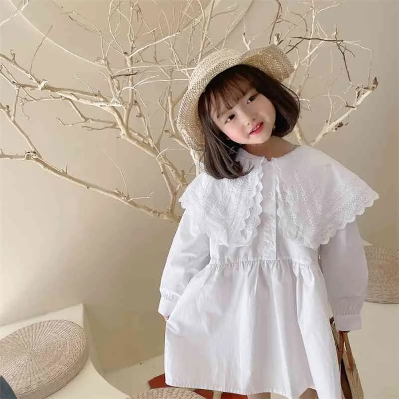 Girls Spring Autumn Big Turn-Down Collar Princess Dresses Long Sleeve Cotton Brodery Dubbel fast färgklänning 210708