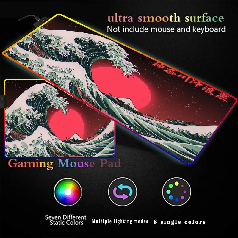 Japão Arte Grande Onda RGB Gaming Mousepad 14 Cores Grande Led Led Rato Mouse Pad Borracha Teclado Tapete Vários Tamanhos DIY