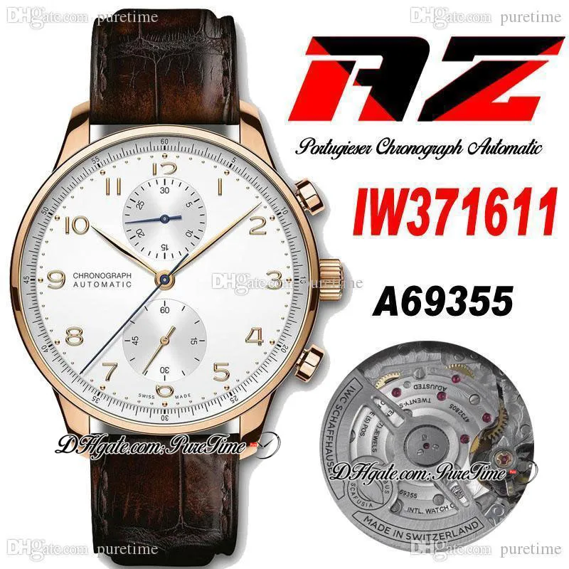 AZF IW3711611 A69355 Automatyczny Chronograph Mens Watch Rose Gold Silver Dial Markery Numer szampana Brązowy Skórzany Pasek Stopwatch Super Edition Puretime G7