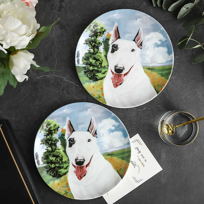 High Quality Bone China Bull Terrier Plate Unique Table Wall Ornaments Decorative Dog Platter Cake Dish Creative Gift Home Decor