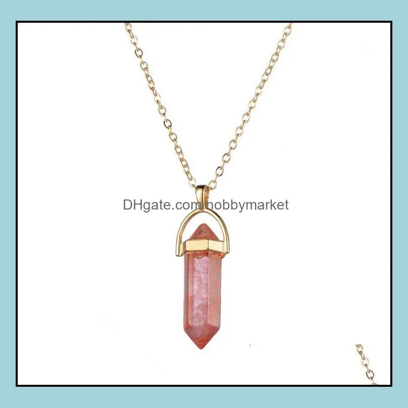 D.M. Piedra Natural Stone Crystal Point Pendant Necklace Amethyst Rose Quartz Crystal Pendulum Healing Rhinestone Chakra Pendant