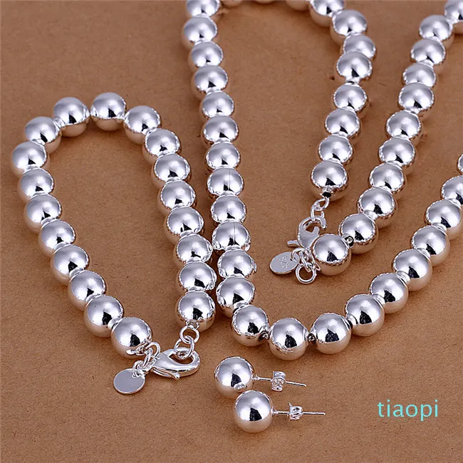 Factory Price 925 sterling silver plated 10MM prayer beads necklace & bracelet & earrings Fashion Jewelry Set wedding gift for woman