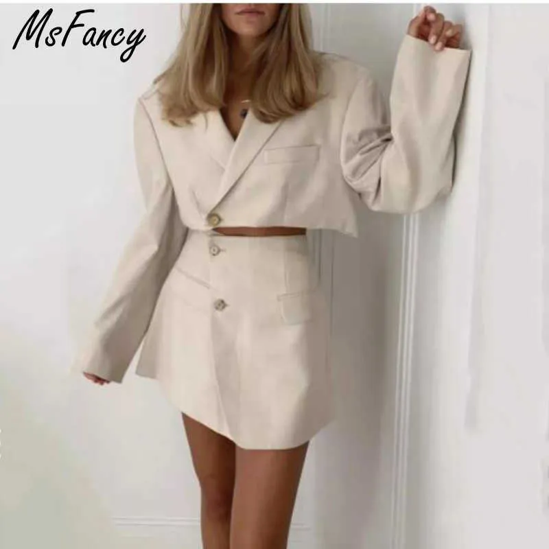MSFFYCY Summer Skirs Set Kvinnor Elegant Långärmad Loose Blazer High Waist A-Line Mini Skirt Suits Mujer Two Piece Set 210604