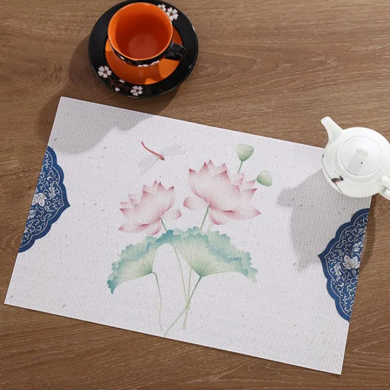 Mats Pads Kinesisk stil Bläckmålning Print PVC Placemat för matbord Tvättbar matta Slipd Doilies Cup Oljeproof Pad