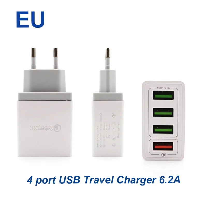 Snabb laddare3.0 Fast 4 portar Travel Charger 6.2a USB för Samsung Galaxy S8 Xiaomi 5 för iPhone Adapter EU / US-kontakt Praktisk
