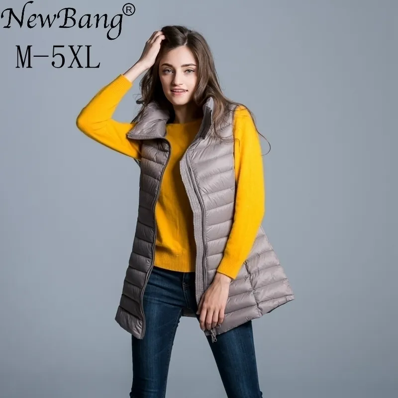 NewBang marque 4XL 5XL Plus femmes manteaux en duvet gilets femmes Long gilet Ultra léger vers le bas sans manches col Mandarin veste 201027