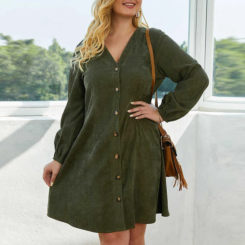 XL-4XL Elegant Fashion Corduroy Woman Dress Loose V-Neck Long Sleeve Button Mini Office Lady Dresses Plus Size W194 210526