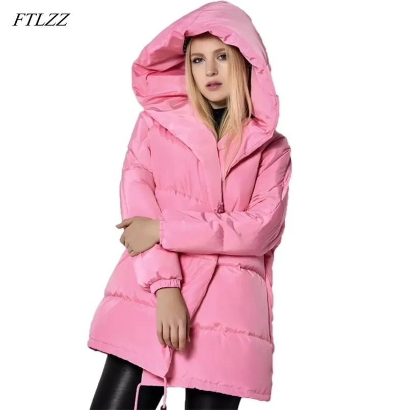FTLZZ冬の女性のジャケット90％ホワイトアヒルダウンパーカールーズプラスサイズフード付きコートミディアムロングウォームカジュアルピンク雪の除外211221