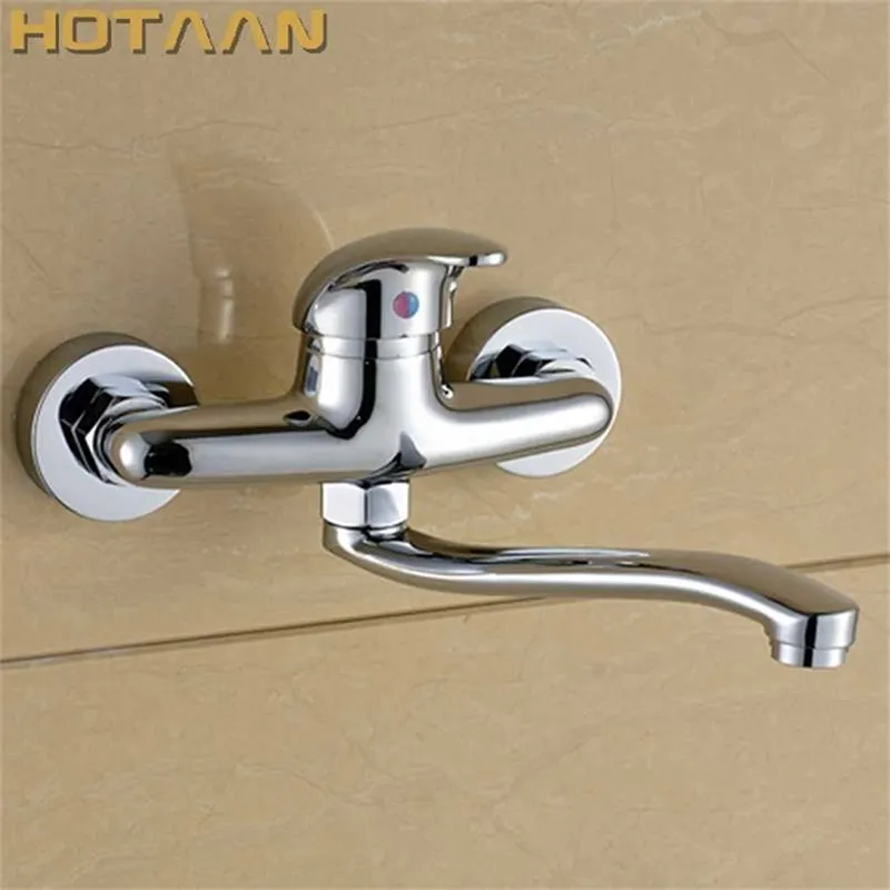 Mässing Chrome Kranar för kökshandfat Tap Dual Hole Wall Mixer Kranad Torneira Cozinha YT6033 211108