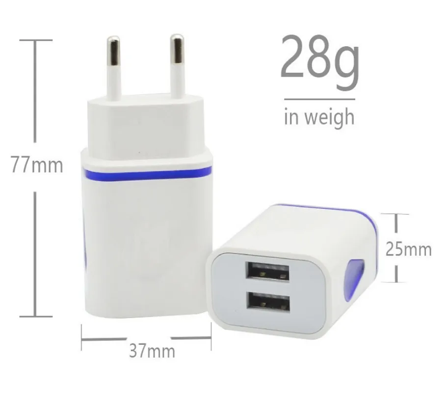 Flitslicht Dual USB-poorten Universele VS EU AC Home Wall Charger Adapter Power 2.1A + 1A voor Samsung Note10 S10 S9 S8 Note9 Note8 HTC Xiaomi