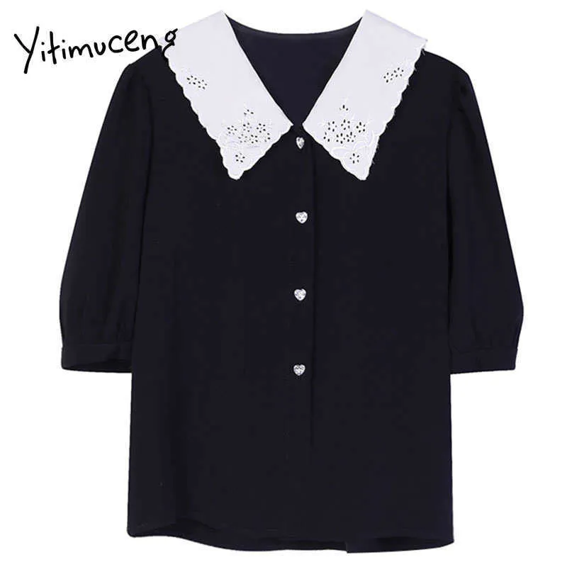 Yitimuceng Black Blouse Kvinnor Lace Short Shirts Loose Summer Fashion Sailor Collar Single Breasted Puff Sleeve Toppar 210601