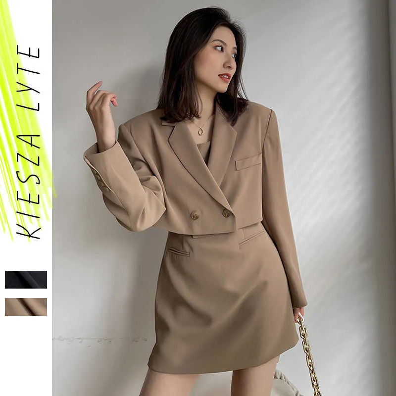 Kobiety 2 Piece Set Mini Dress and Notched Top Fashion Khaki Chic Dwa zestawy Stroje kostiumowe Bodycon 210608