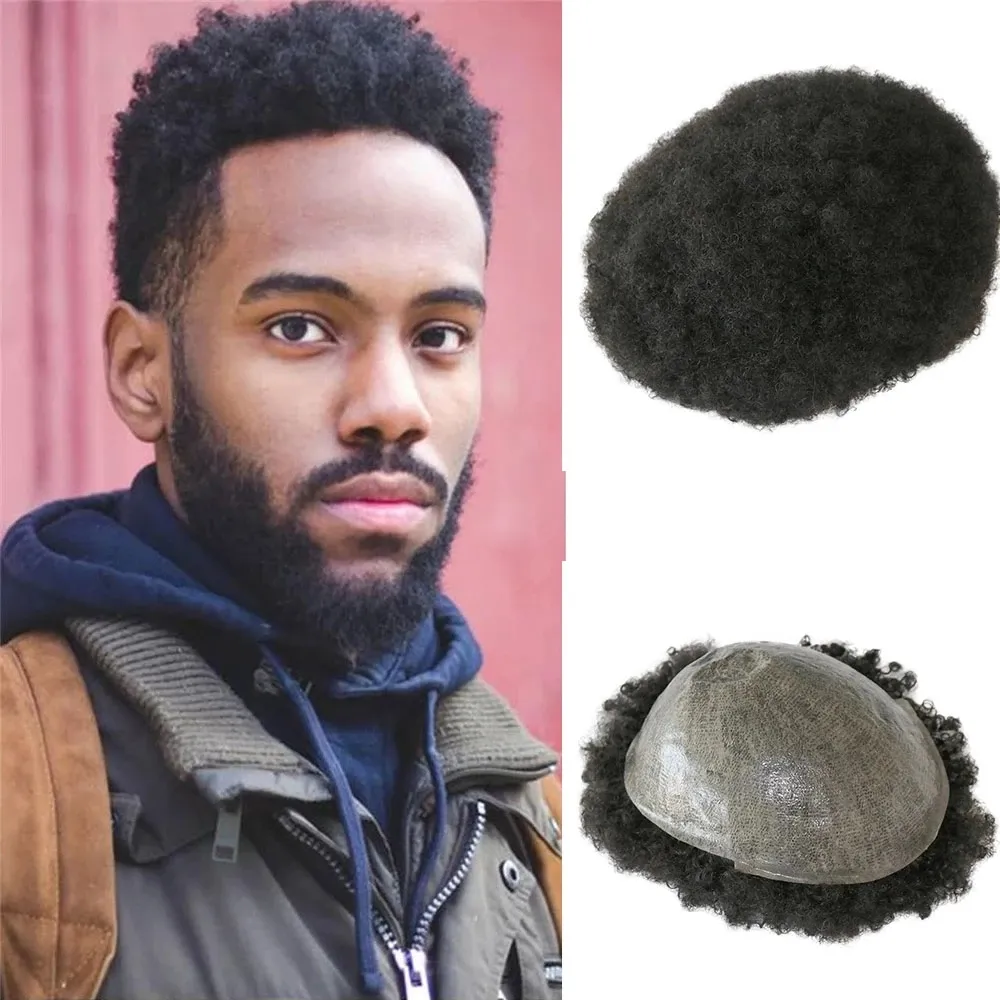Sapıkça Kıvırcık Ince Cilt 6 MM Adam Afro Kıvırmak Saç Ünitesi Siyah Erkek Erkek Peruk İnsan Saç Peruk PU Tam Makine Yapımı