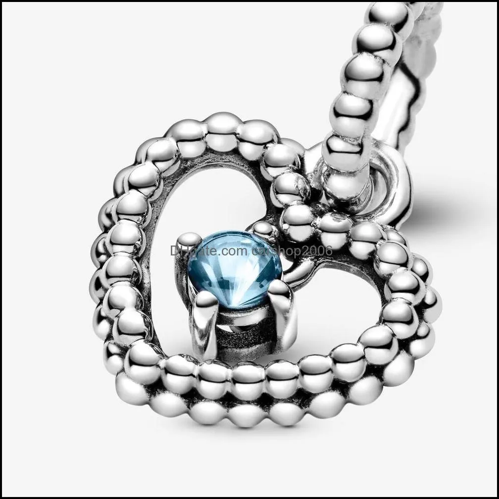 100% 925 Sterling Silver Aqua Blue Beaded Heart Dangle Charms Fit Original European Charm Bracelet Fashion Women Jewelry Accessories