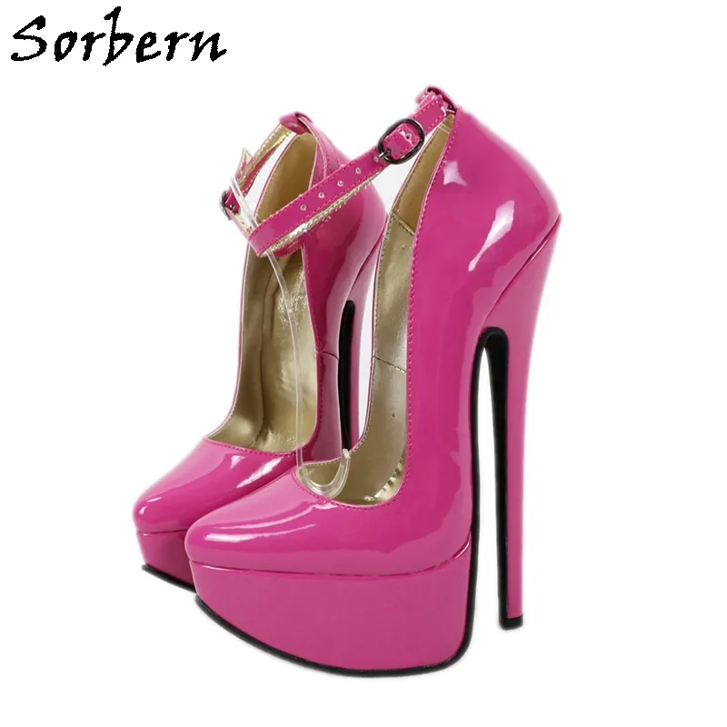 SORBERNホットピンク20センチの女性のドレスシューズハイアーチアンクルストラップ特許光沢のある偽のレザースティレットポイント尖ったプラットフォーム靴ポンプ