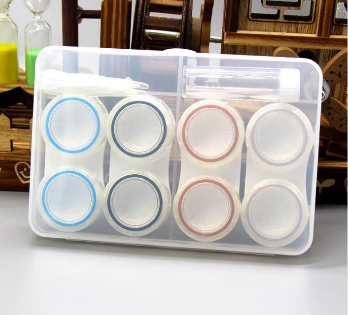 Conjunto de 4 pares branco transparente para lentes de contato com moldura redonda espelhada Estojo para lentes complementares Contêiner Lindo lindo kit de viagem