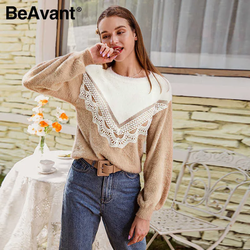 Beavant Elegant Impact Färg Spets Vit Jumper O-Neck Axel Drop Hairy Pullover Casual Hem Mjuk Höst Vinter Sweater Ladies 210709