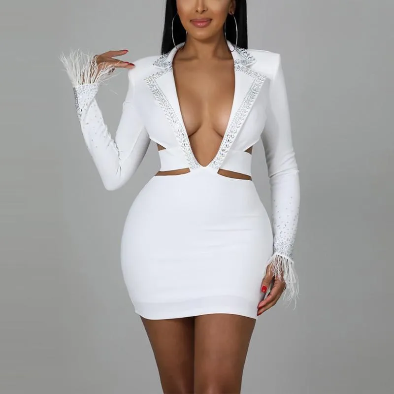 Casual Sukienki Sexy Party Night Club Dress 2021 Diamond Bodycon Biały Czarny Hollow Out Mini Długość Sex Wieczór Webrę