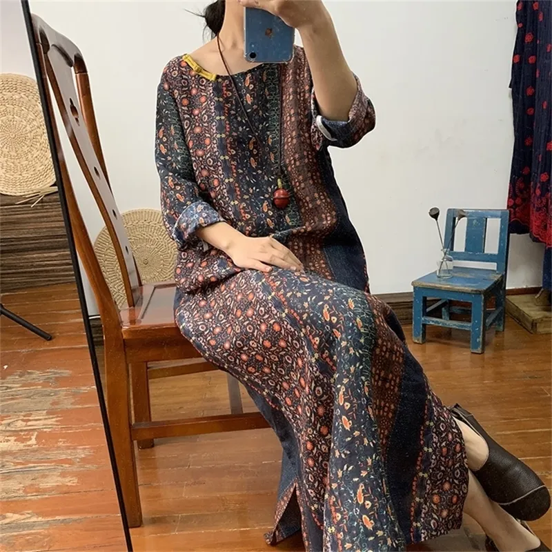 Upscale Dark Floral Ramie Gown Dress Loose Long Retro Linen Womens ...