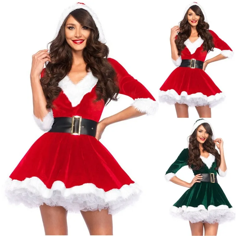 Mode Miss Claus robe costume femmes noël fantaisie fête Sexy Santa tenues à capuche chérie Cosplay Costumes