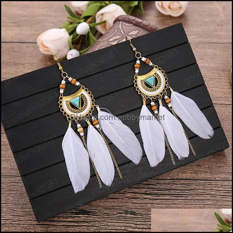 Bohemian White Semicircle Long Feather Tassel Ladies Earrings Women Summer Indian Jewelry Natural Wood Beads Dangle Earrings