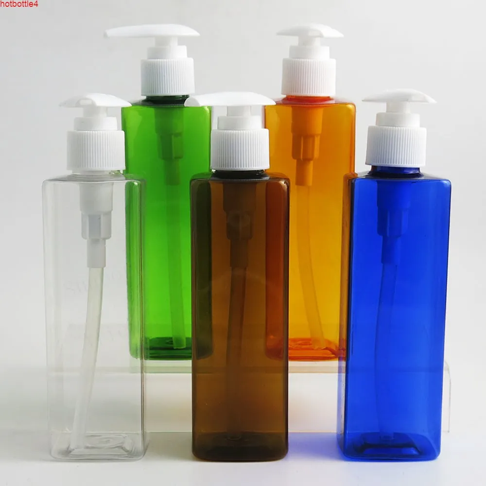 30 x 8oz Stor plast kvadratisk klarblå Amberflaska Kosmetisk grädde Shampoo Lotion Press Sprayflaskor med vit pump 240mlhigh Qualtity