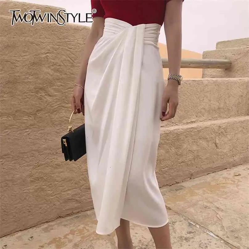 TWOTWINSTYLE Vintage Irregular Side Split Skirt Women High Waist Asymmetrical Ruched Skirts For Female Fashion Clothing 210629