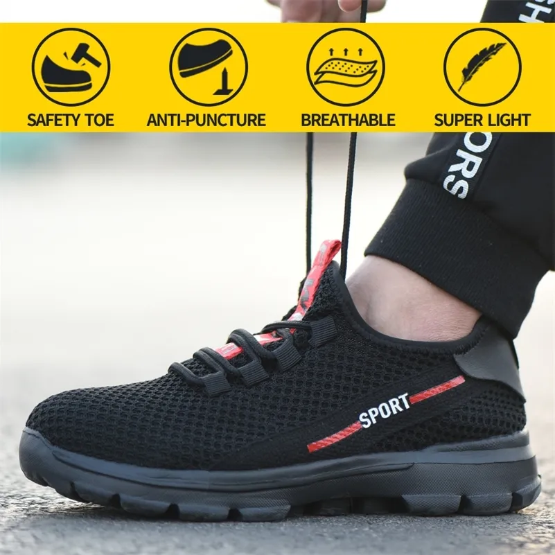 Drop Shipping Work Safety Shoes For Men Summer Breathable Boots Steel Toe Construction Safety Work Sneakers Elastic Soft 210312