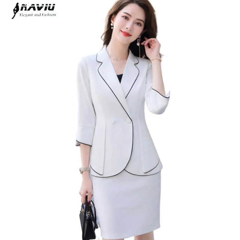 Fashion Women Formal Suit Summer White Temperament Half Sleeve Blazer and Skirt Office Ladies Business Work Wear 210604