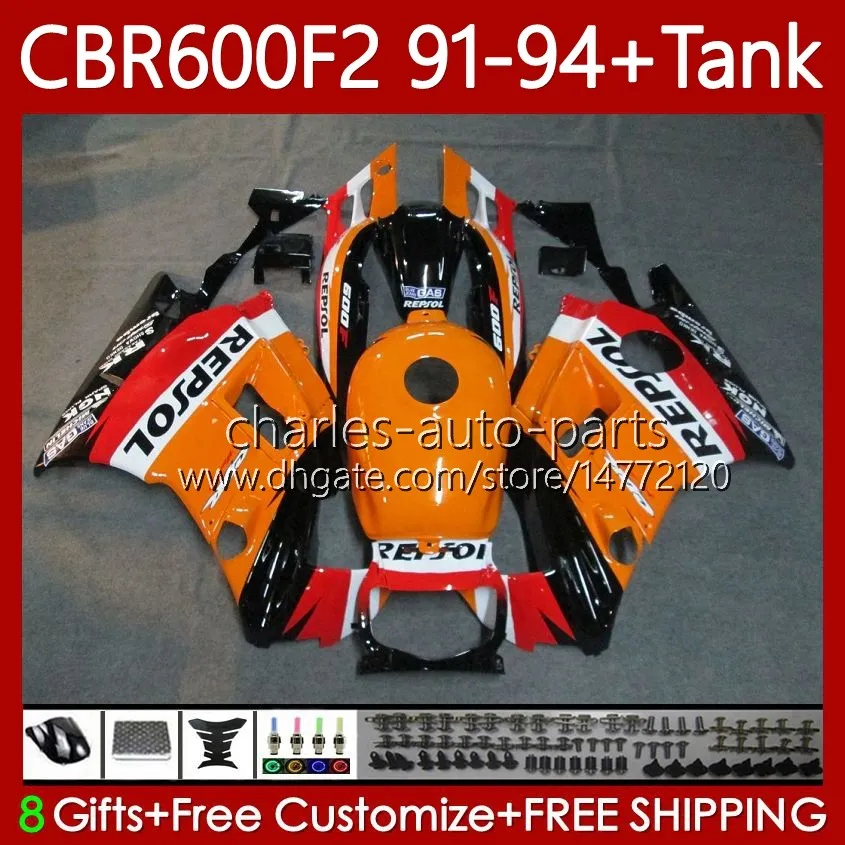 Bodys + Tank för Honda CBR600 CBR 600 F2 FS CC 600F2 91-94 karosseri 63no.0 600fs 600cc CBR600F2 91 92 93 94 CBR600-F2 CBR600FS 1991 1992 1993 1994 Fairing Kit Repsol Orange