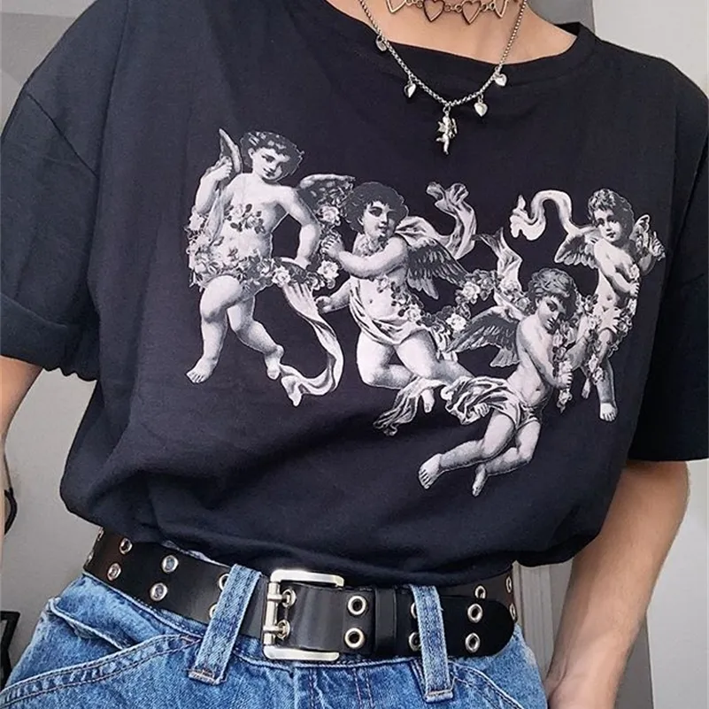 Kuakuayu HJN Dört Cherub Baskı Kireç Işık Yeşil T Gömlek Kadın Yaz Tops Işık Yeşil Streetwear Vintage Rahat Boy Tees 210306