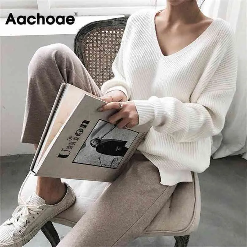 Aachoae Womens Maglioni Autunno Inverno Casual con scollo a V Donna Pullover Maglione Solido manica lunga sciolto lavorato a maglia Top in cashmere 210914