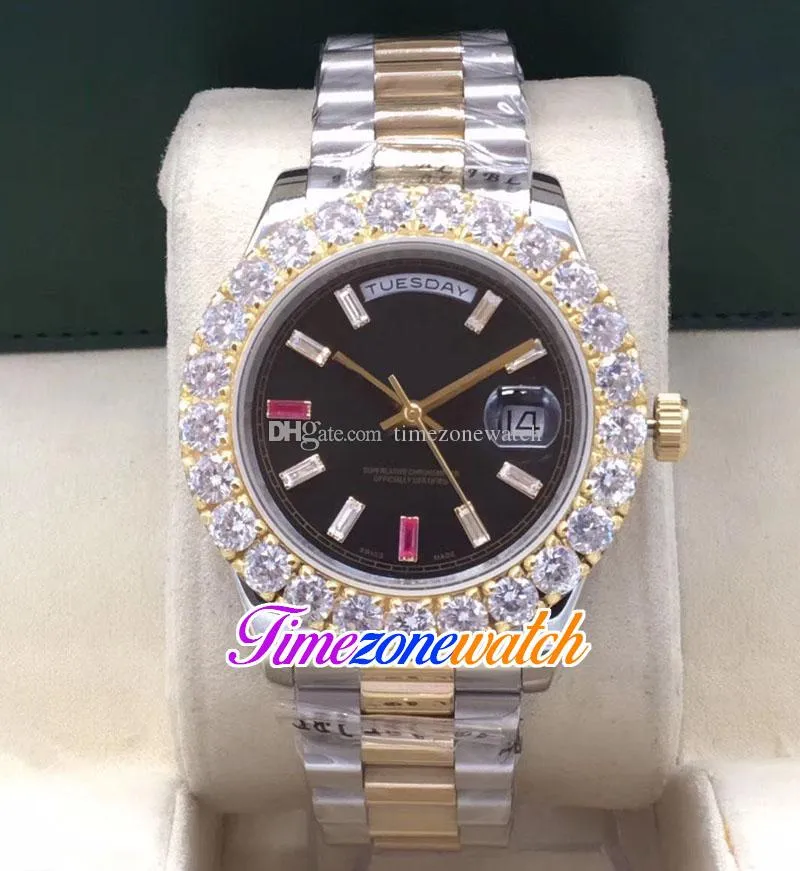 44mm Dag Datum A2813 Automatisk mens Klocka 18K Gul Guld Stor Diamant Bezel Black Dial Colors Stick Markörer Två Tone Stål Armband Klockor TimeZoneWatch 2 Färg