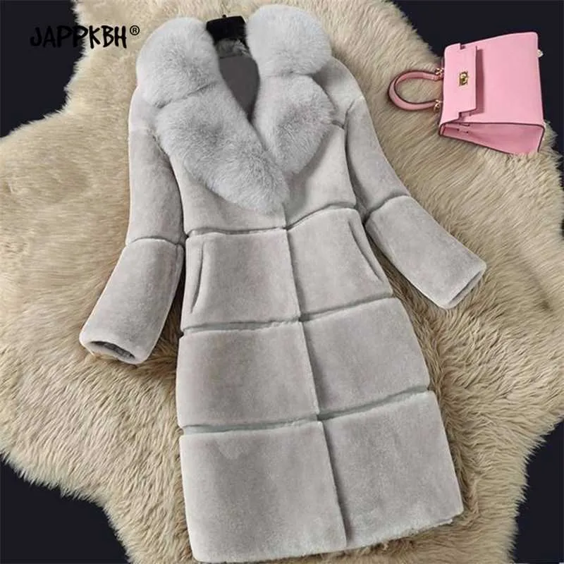 Faux Kürk Kadın Sonbahar Kış Uzun Ceketler Kadın Rahat Kalın Sıcak Faux Fox Kürk Yaka Ceket Ince Dış Giyim Elbise 5XL 210927