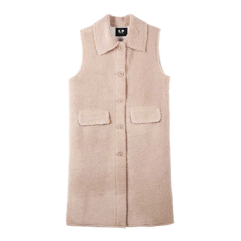 Misschien U Women Lambswol White Khaki Green Turn Dut Collar Mouwloze Vest Losse Pocket C0492 210529