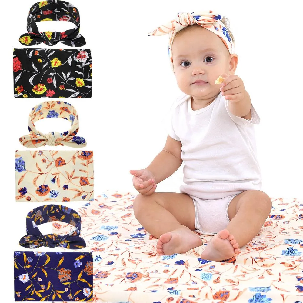 Wickeldecken-Set für Neugeborene mit Hasenohr-Stirnbändern, Baby-Blumen-Pucktuch, Haarband, Baby-Blumendruck-Wickeltuch