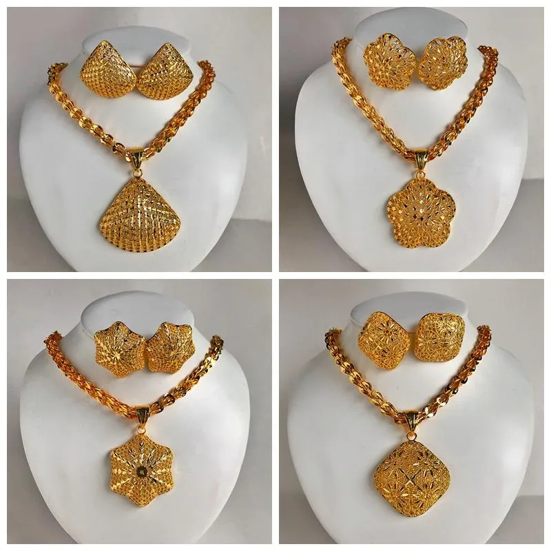Oorbellen ketting Wando Luxe Ethiopische Dubai Gold Color Flower Ball Pendant Sets Women Girl Jewelries Papoea Guinea sieraden