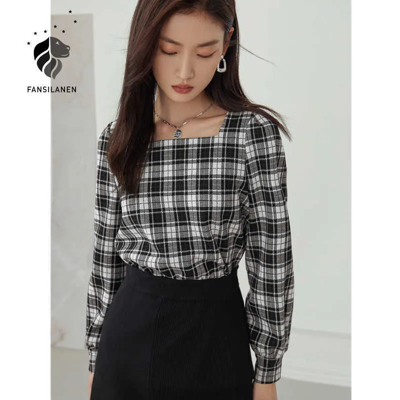 FANSILANEN Vintage plaid blouse shirt Women long sleeve office lady sexy top Female square collar casual streetwear black 210607