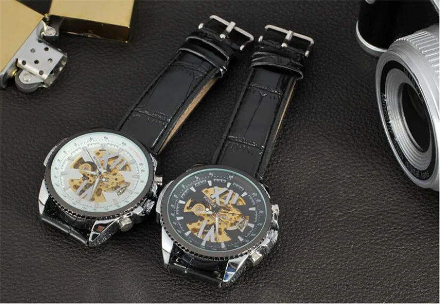أعلى بيع الفائز أزياء الرجل ساعات رجالي أوتوماتيكي ووتش ميكانيكية ووتش للرجل حزام جلد WN53-2