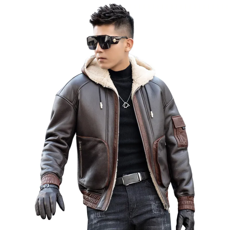 2021 homens inverno casaco casual casaco de couro com capuz com peles motocicleta jaquetas de motocicleta espessamento mobiliário quente tops zipper real peles de lã