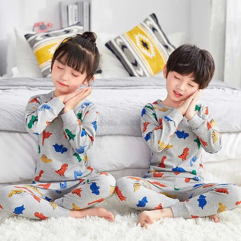 Coton à manches longues dessin animé dinosaure pyjamas ensemble pour filles garçon pyjama enfants haut pantalon 2pcs pijama costume mignon enfants vêtements ensembles 210908