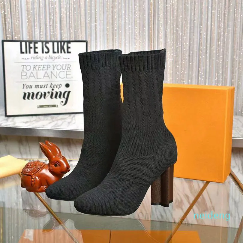 printemps automne bottes élastiques tricotées montrer style lettre talons épais chaussures femme sexy bottes à talons hauts chaussettes de mode dame de qualité supérieure avec boîte 20