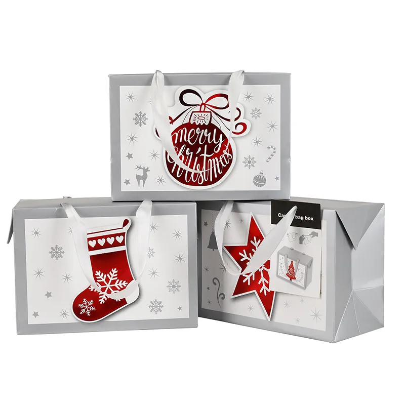 Gift Wrap Portable Christmas Bag Snowflake Xmas White Card Paper Heat Shrinkable Film Beautiful Firm Sock Tree Balloon Pentagram Bronzing ZJHP0559
