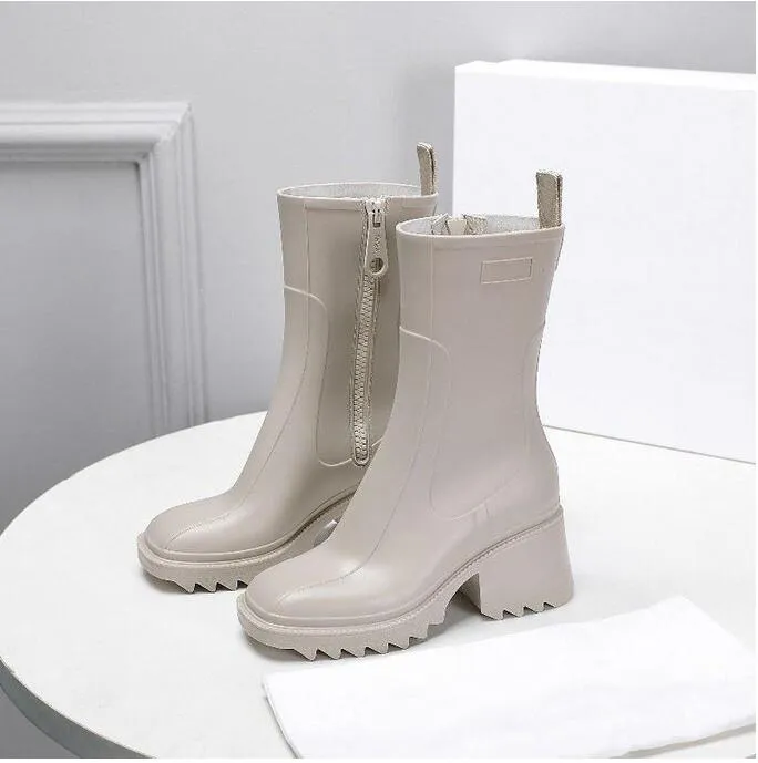 Designer Women Rain Boot Zip Mid-calf Motorcycle Boots PVC Rubber Square Toe Thick Heel Platform Shoes Waterproof welly Rainshoes 35-40