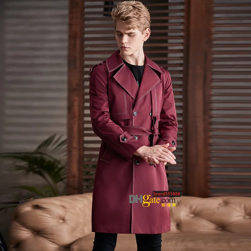 Wine red men Trench Coat Hesperian Style long windbreaker 2022 spring autumn color contrast fashion Handsome claret Overcoat