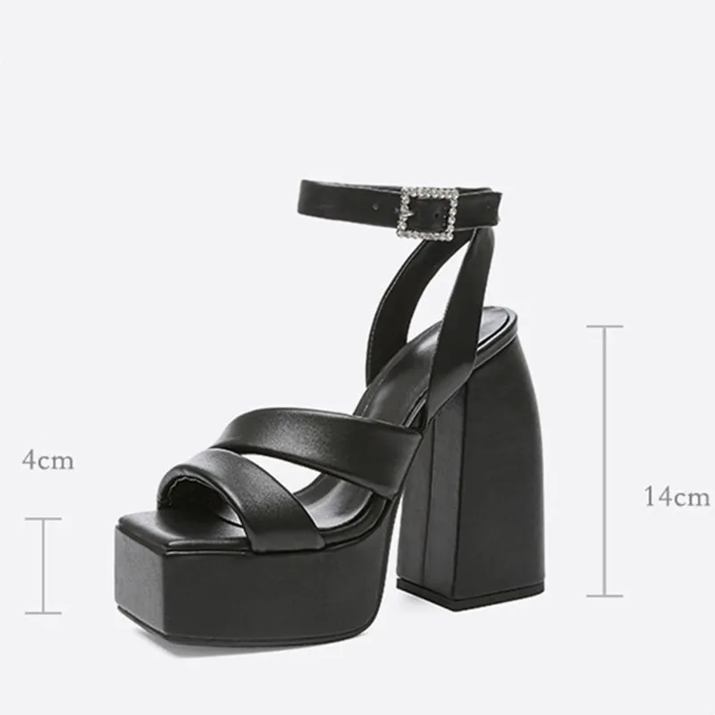 2022 Kvinnor Läder Läder Super 14cm Chuncky High Heel Sandals 4cm Platform Pumps Sheepskin Bottom Dance Party Bröllop Diamant Buckle Dress Mary Jane Square Head